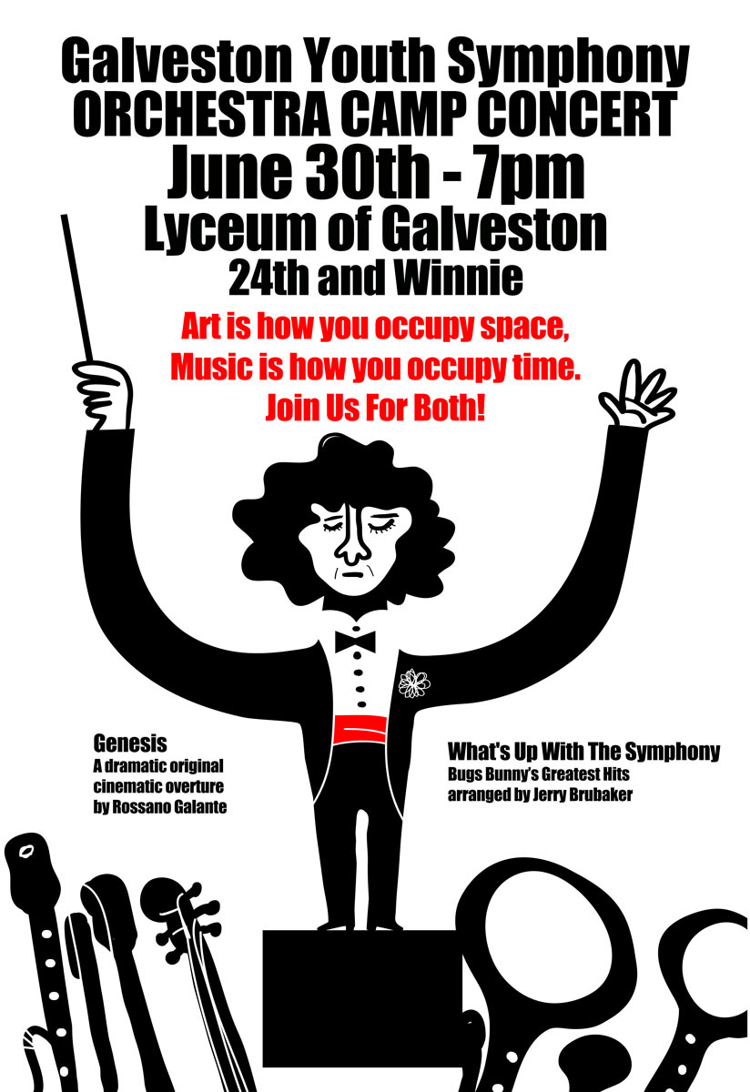 Poster for Galveston Youth Symphony: Orchestra Camp and Concert publicity